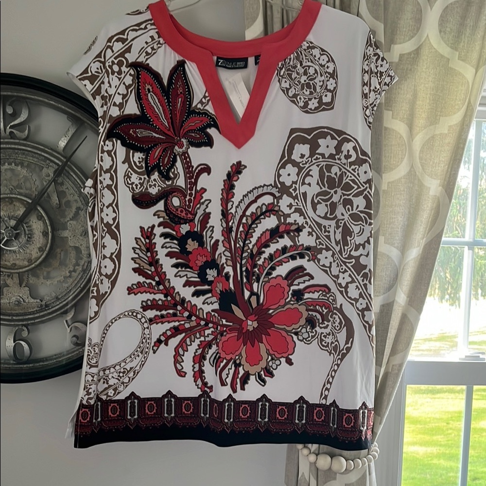 New York & Company White Blouse with Red and Brown Floral Design